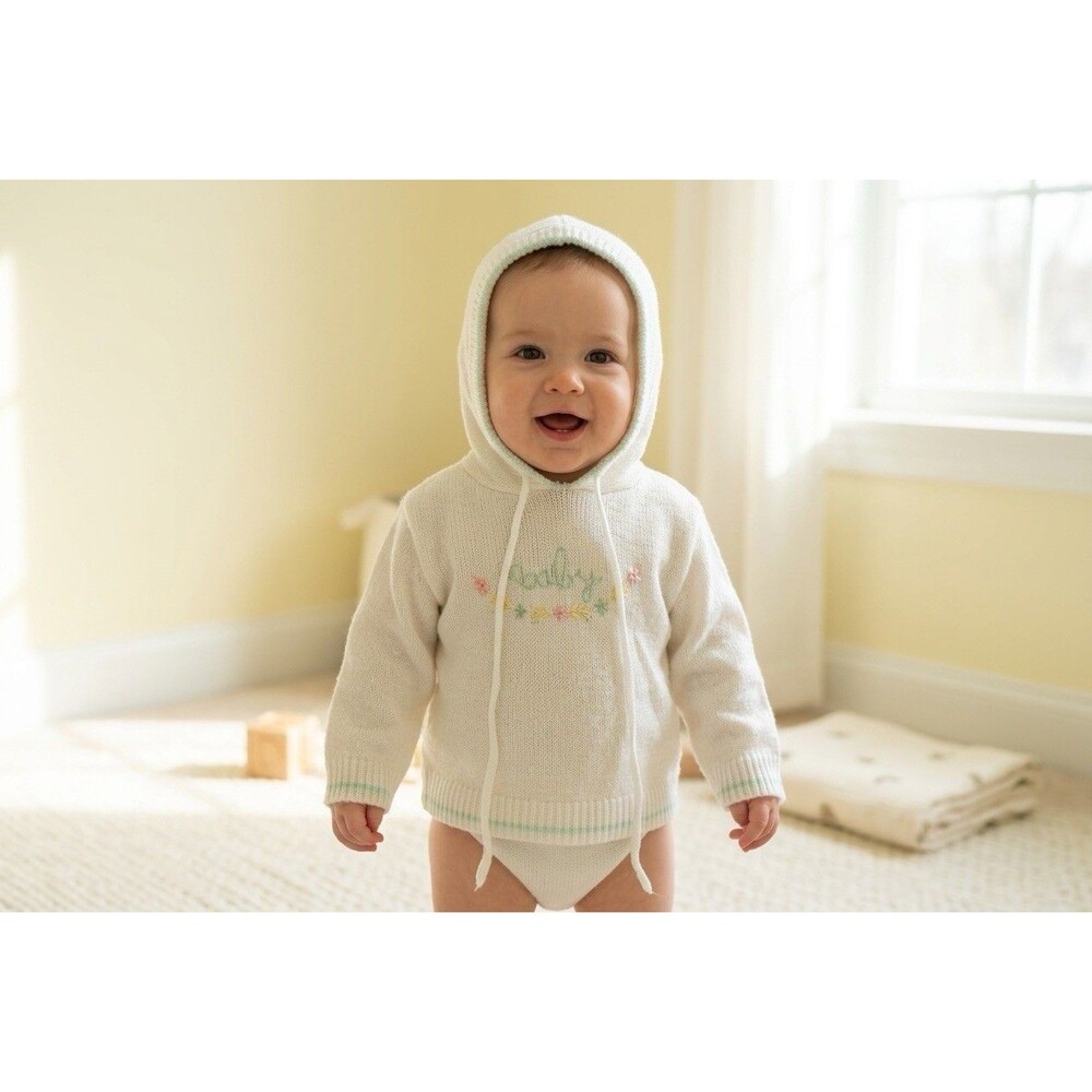 Vintage 2Cute Knit Hooded Baby Cardigan Sweater 6 /9 Months White Blue- Zipper